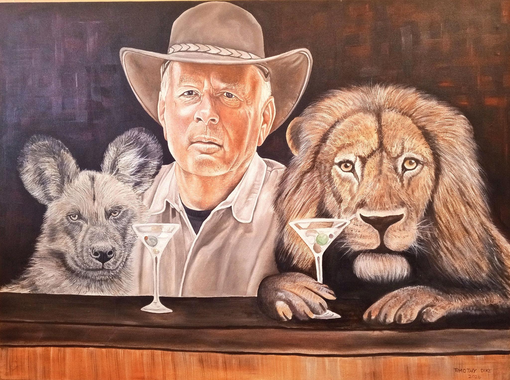 Man in a hat seated between a hyena and lion at a bar.
