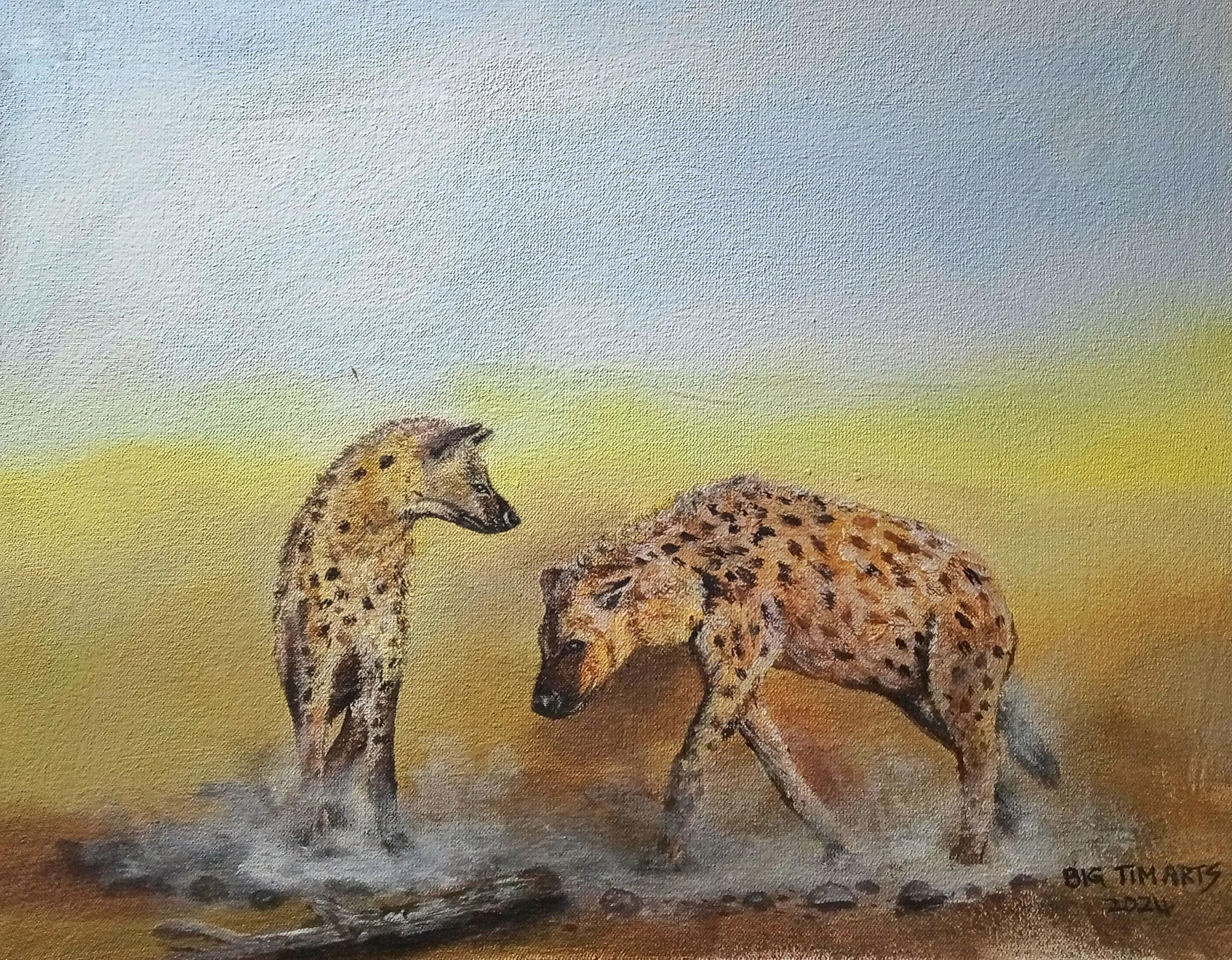 Two spotted hyenas facing one another under a pale blue and yellow sky.