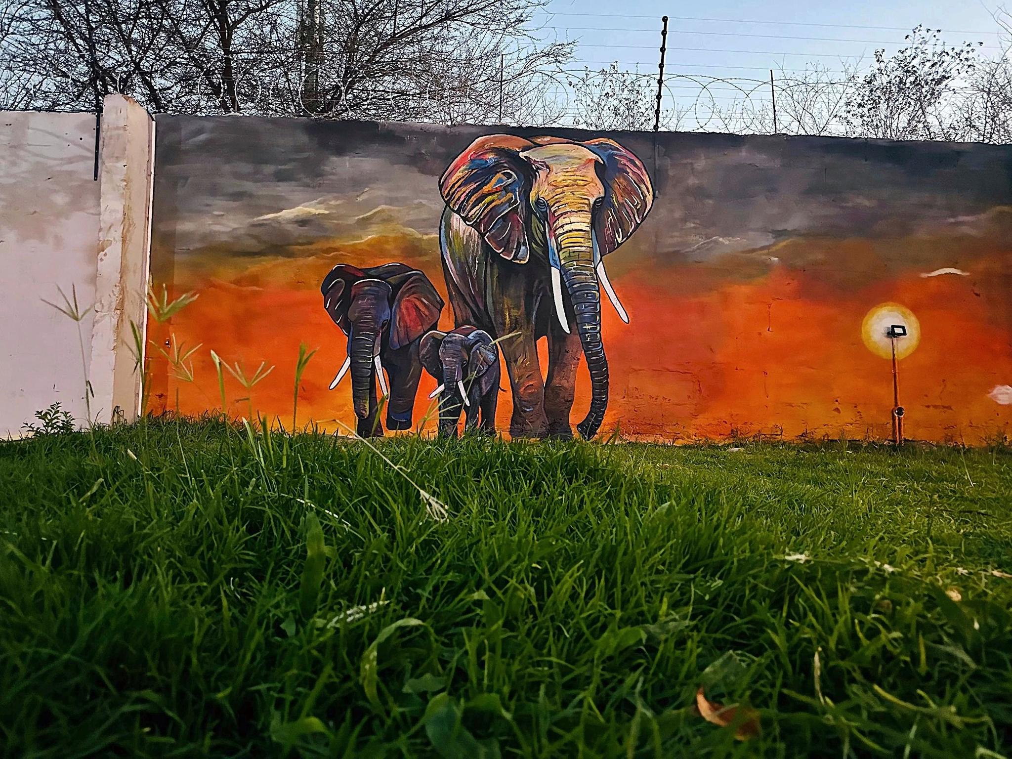 Elephant family painted on a wall against an orange sky.