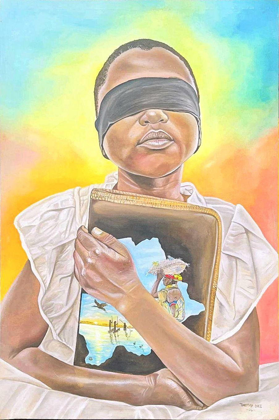 Blindfolded child holding a book with painted scenes against a multicolored background.