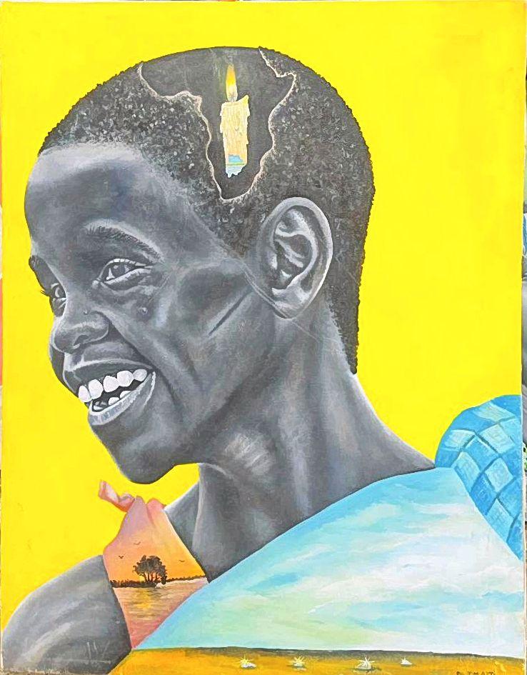 Smiling person in profile against yellow with a landscape across the shoulder.