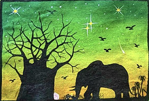 Elephant and bare tree silhouettes beneath stars in a green and yellow sky.