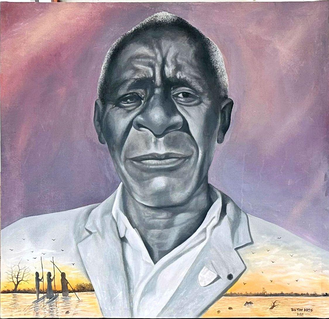 Older man in a pale jacket against purple with small canoe and animal scenes.