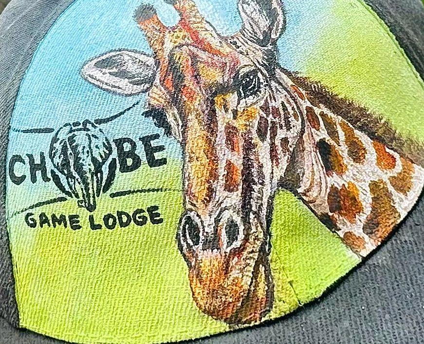 Giraffe head on a blue and green cap panel.