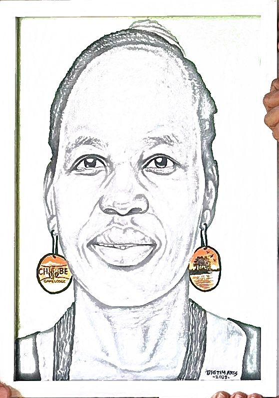 Frontal line portrait with braided hair and colored round earrings.