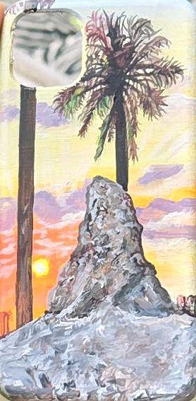 Palm trees and a gray rocky mound beneath a pastel sunset sky.