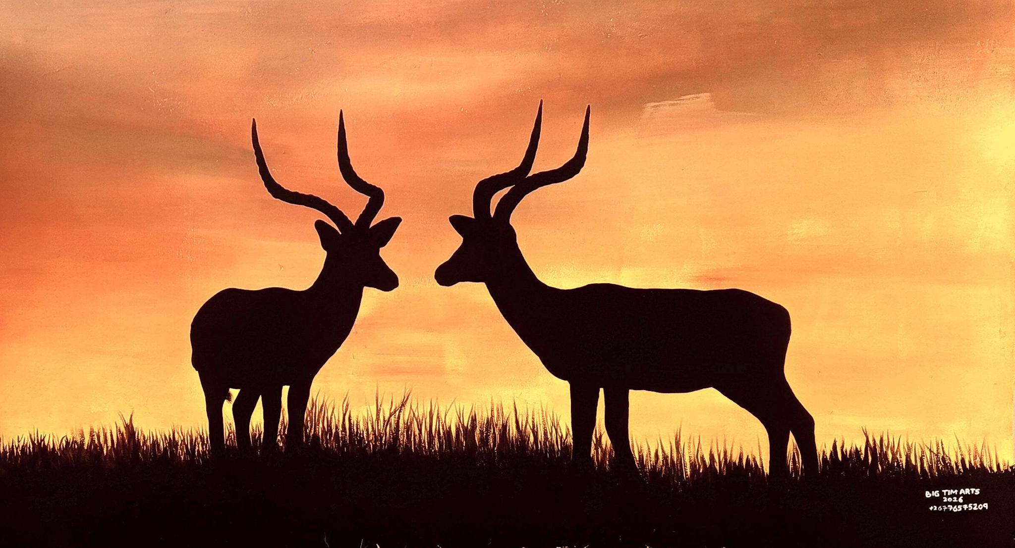 Two horned antelope silhouettes facing each other beneath an orange sky.