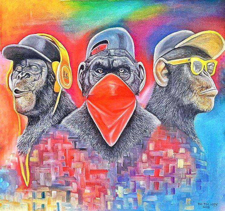 Three monkeys in caps with headphones, a red bandana, and yellow glasses.