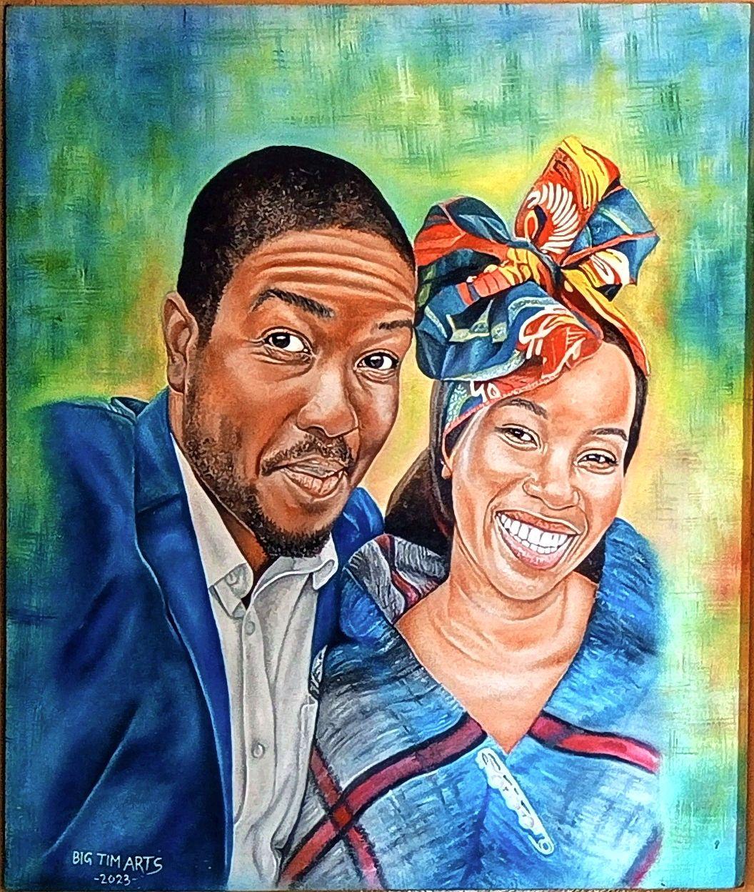 Two smiling people, one wearing a blue jacket and one a patterned headwrap.