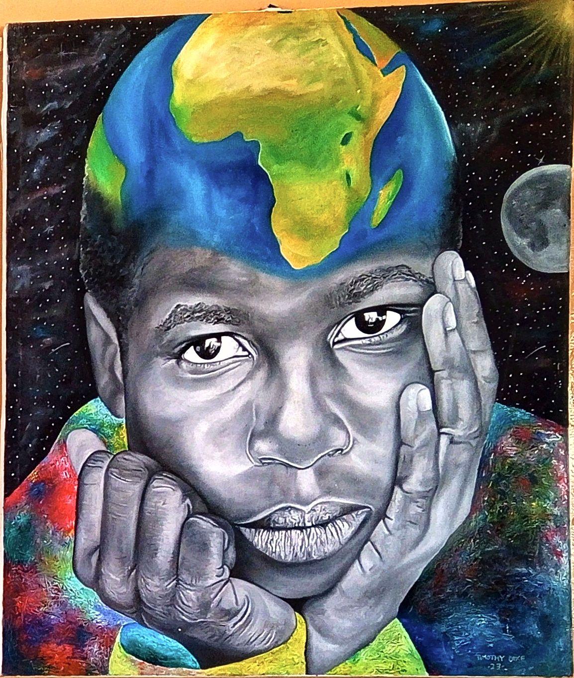 Face resting in two hands with a globe above the head against a starry background.