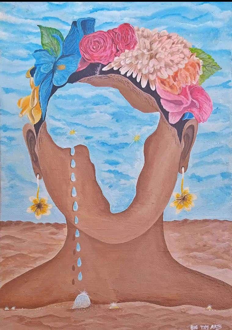 A painted face crowned with flowers and a blue Africa-shaped center.